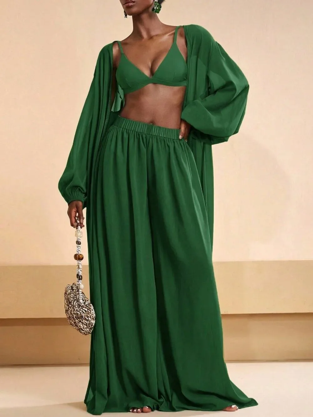 Green Women's Pleated Robe And Wide Leg Pants Set